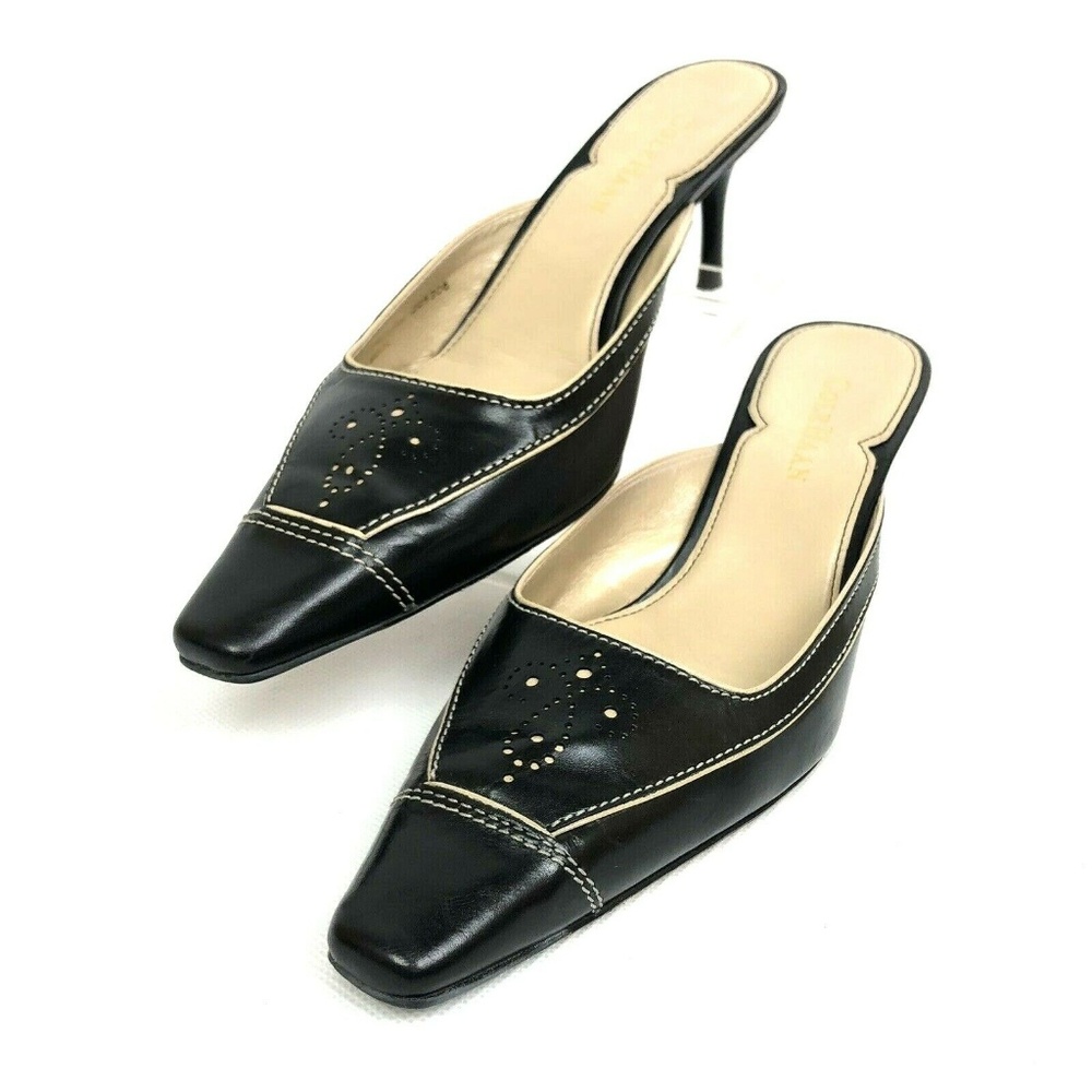 Cole Haan Black Leather Tan Trim Mules Kitten Heel